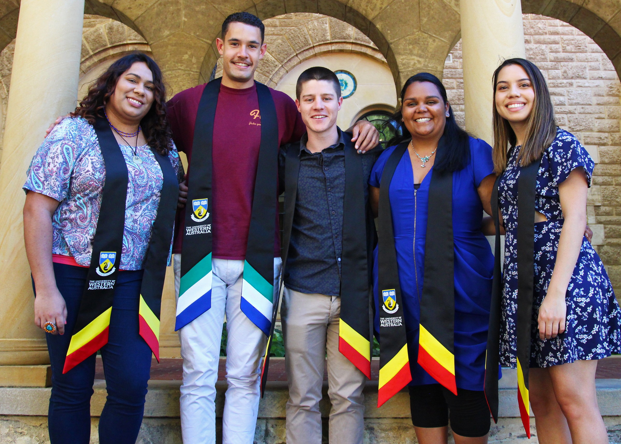 Indigenous graduates Ricki-lee Walley, Arthur Pitt, Declan Scott, Angela Crombie and Jamela King