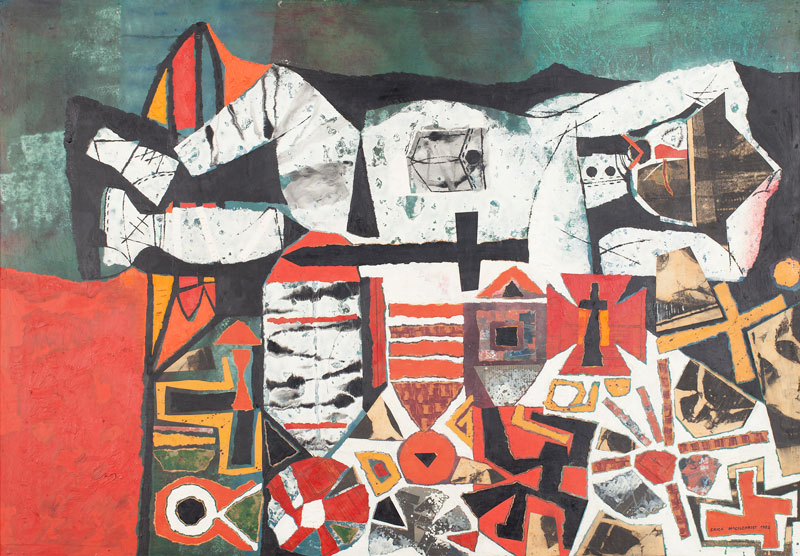 A stylised modern painting of a figure wearing a hat lying across a pile of graphic abstract forms that look like crosses