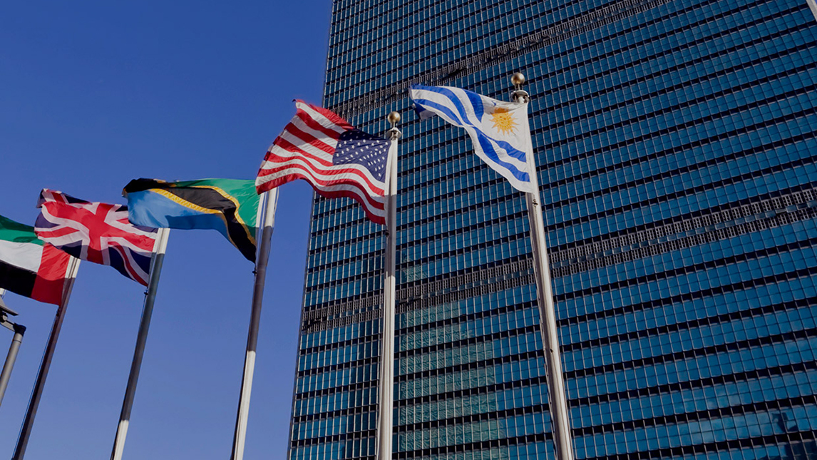 flags in front of UN building