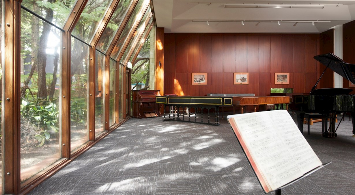 Music room with music stand and several pianos