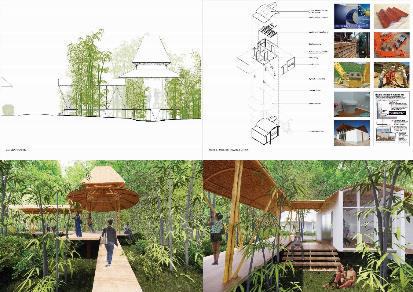 Drawn images and photos of bamboo based structures