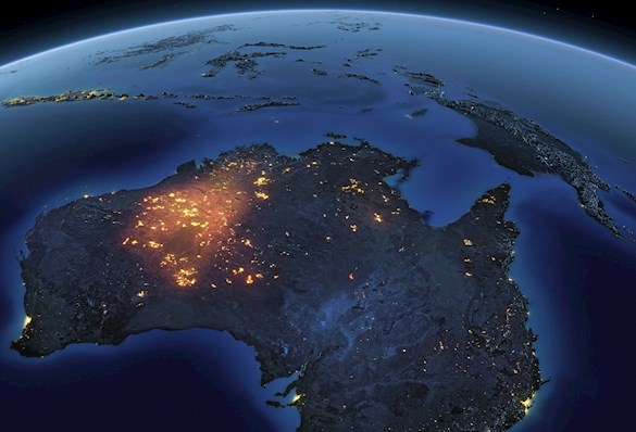 Earth globe in space, with data spots over Australia