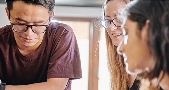 people looking down and chatting