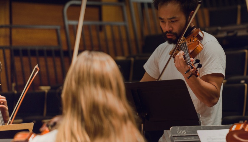 Violinist playing in orchestra