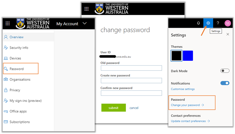 Changing your password via Microsoft and Office 365