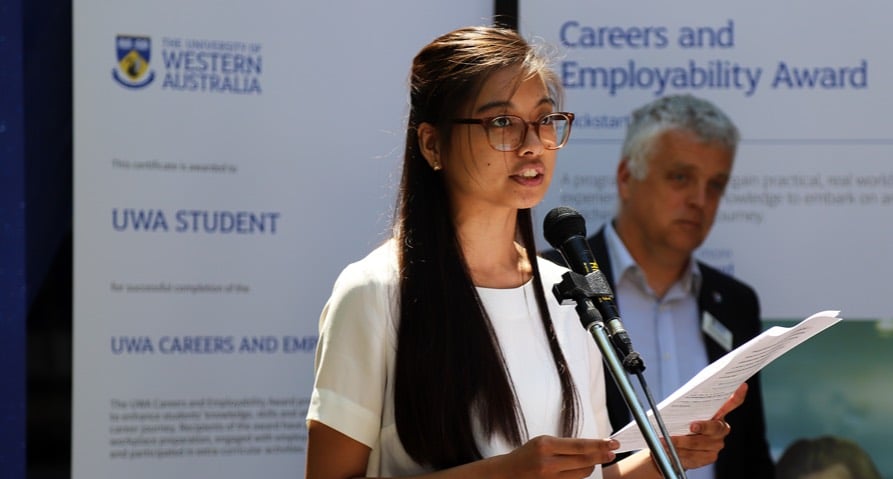 student speaking at event