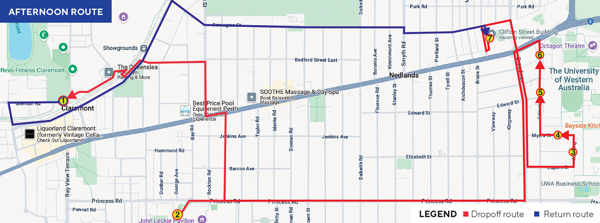 Route map of the afternoon shuttle bus between Crawley and Claremont campuses