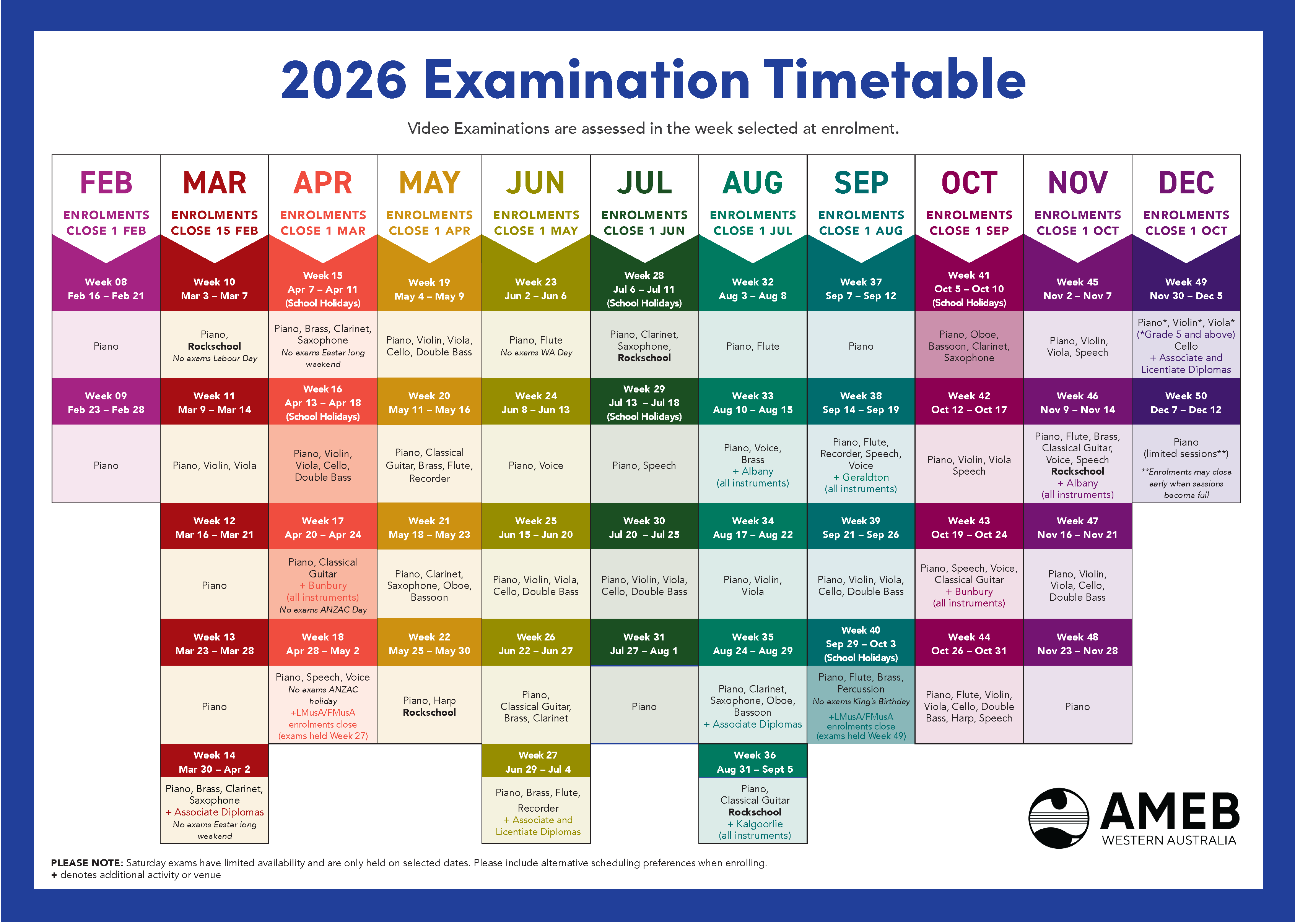 Australian Music Examination Board (AMEB) 2026 Calendar
