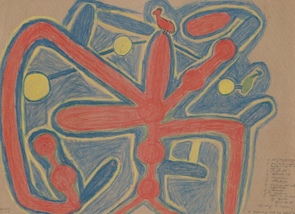 A drawing using coloured pencils on brown paper depicting first peoples designs which include stylistic birds among the patterning.