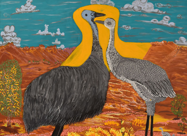 A painting in a naïve style of a mature and immature emu facing each other. They stand in an Australian outback landscape detailed with plants and clouds and baby emus at their feet.
