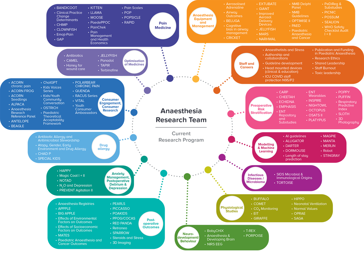 The image is a rainbow coloured display of all the research projects that the Anaesthesia Research Team has currently in progress. These research projects cover the areas of: Pain Medicine (16 Projects), Optimisation of Medicines (7 projects), Consumer Engagement & consumer research (17 Projects), Drug Allergy (4 projects), Anxiety Management Postoperative Delirium and Depression (5 projects), Post Operative Outcomes (16 projects), Neurodevelopment/behaviours (5 Projects), Physiological studies (10 projects), Infectious Diseases / Microbiome (2 projects), Modelling and Machine Learning (10 projects), Preoperative Risk Stratification (16 projects), Staff and Careers (10 projects), Anaesthesia Equipment and Management (21 Projects).