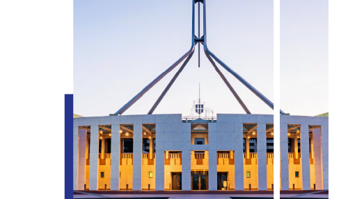 Australian Federal Parliament building at dusk