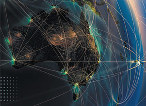 Stylised picture of Australia taken from space, with various golden lines indicating the connectedness of the nation with the rest of the world