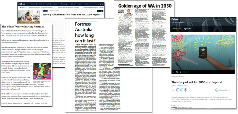 Collection of screenshots of media pieces by the UWA Public Policy Institute