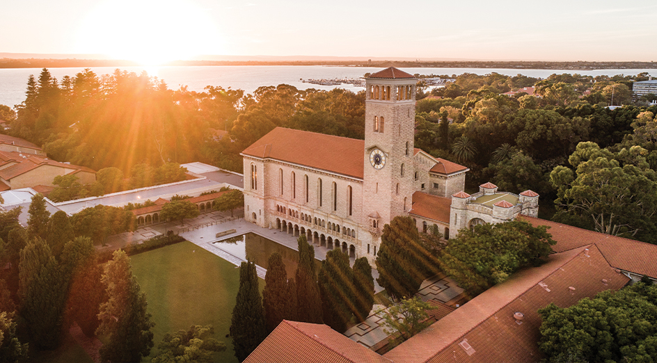 Aerial shot of UWA Crawley campus at sunrise