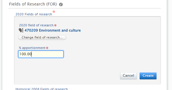 Screenshot of 2020 field of research field filled in with '470209 Environment and culture' and '% of appointment 100' as example of field use.