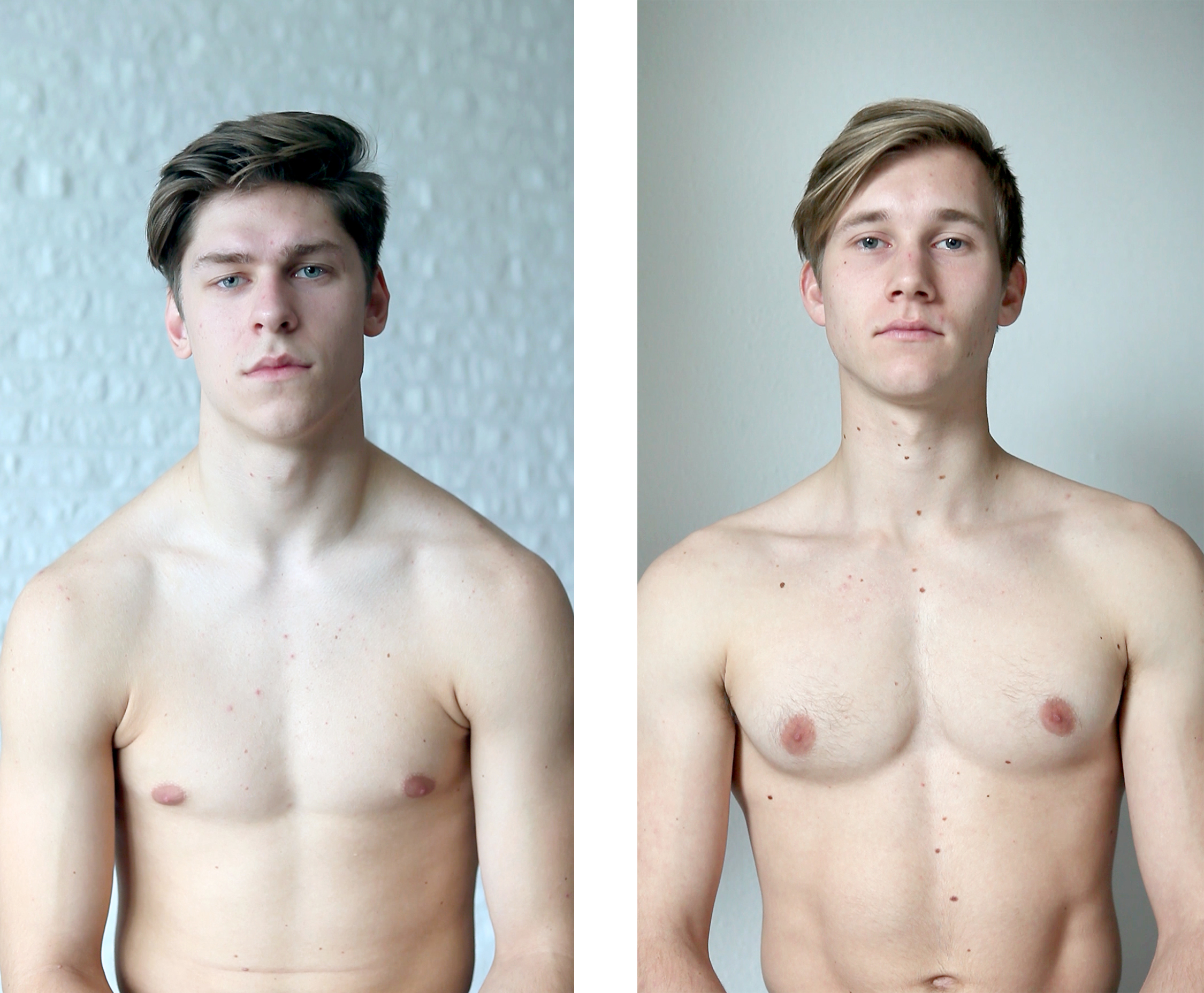 Two vertical video stills of young men, naked from the waist up, and staring directly at the camera.