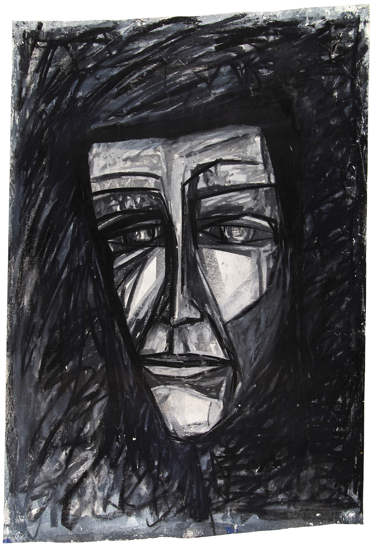 Abstract drawing of a figure's face in black charcoal and shades of grey