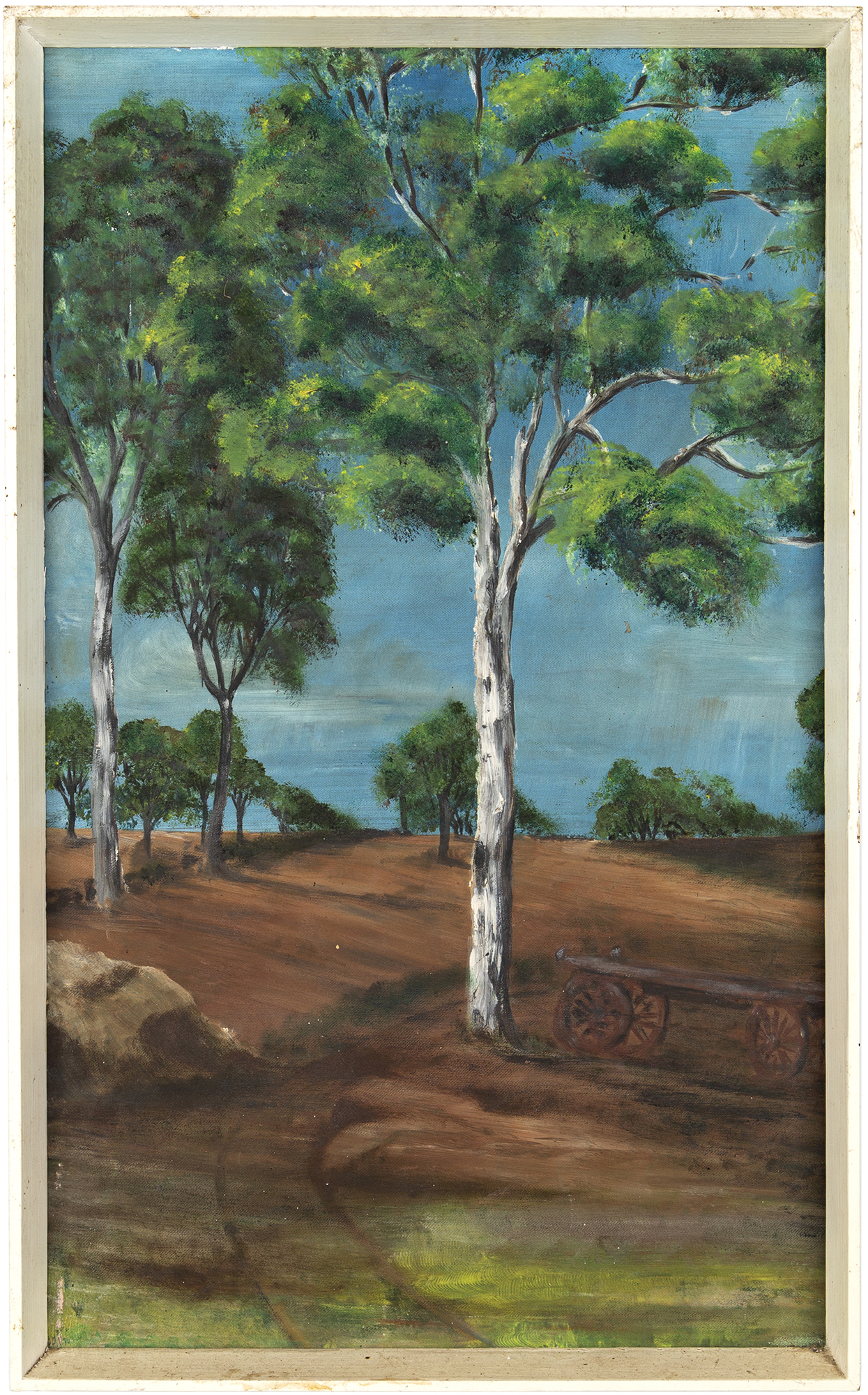 Realistic-looking landscape painting depicting a tree with a white trunk in the foreground on a sloping brown and green hill and multiple, smaller trees in the background against a turquoise blue sky.