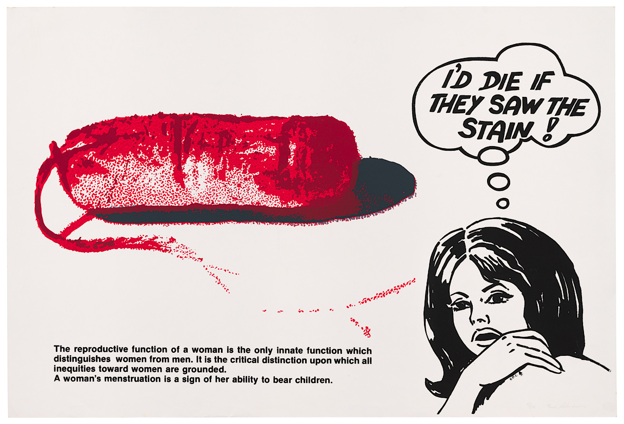 Image of a large red tampon with a black and white illustration of a figure with a thought bubble that reads 'I'd die if they saw the stain!'