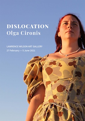 Cover of Dislocation catalogue, featuring a photograph of a female figure in a camouflage dress