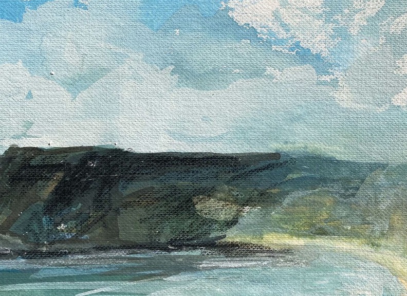 painting of the sky, land and sea