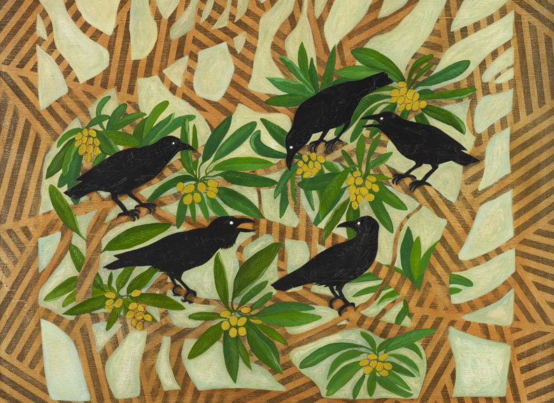 Image of artwork with five crows sitting in a loquat tree branches