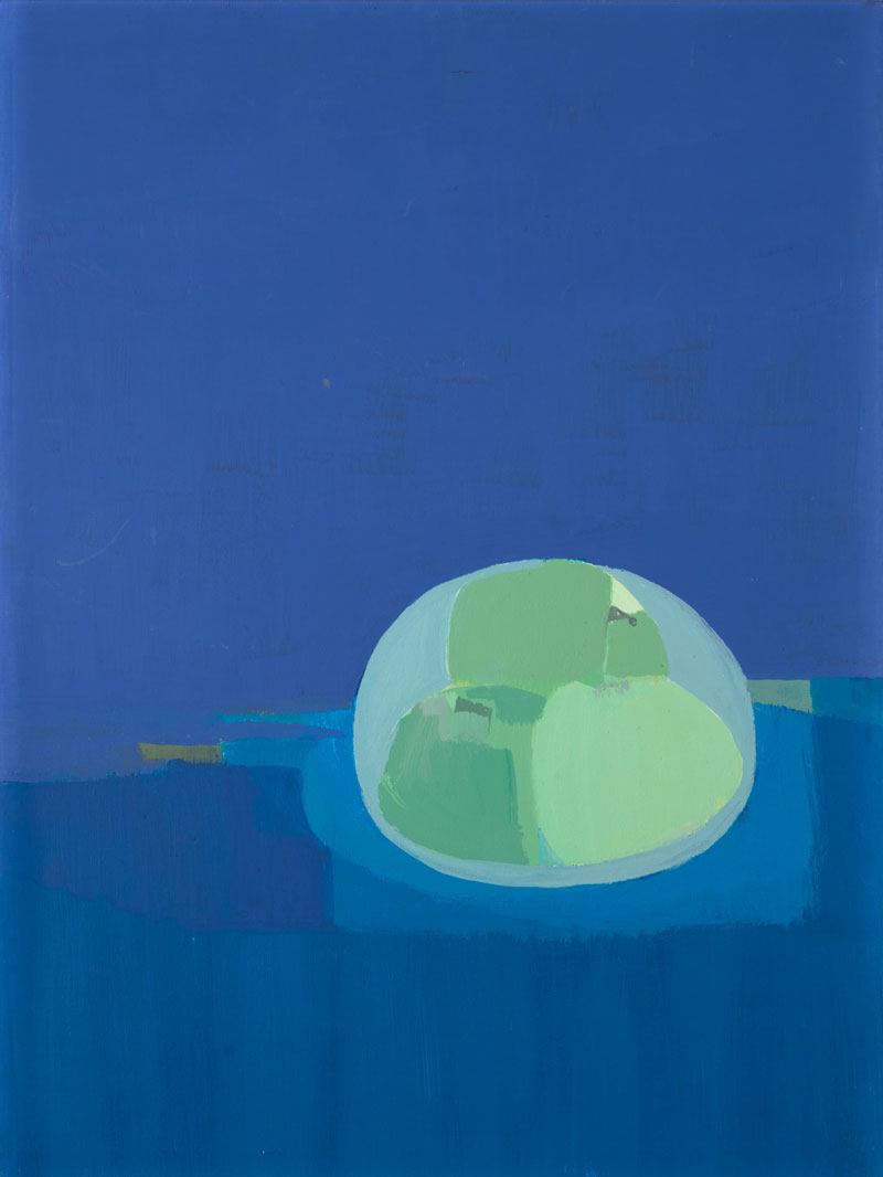 A painting in a modern style using blocks of colour to depict a bowl of apples. The apples are green while the fore and background are blue.