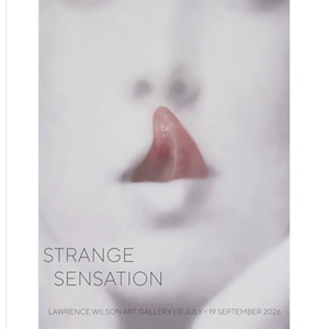 The cover of the Strange Sensation Catalogue, depicting a pale face with their tongue licking the top lip