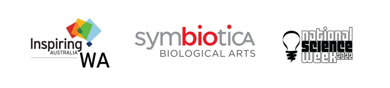 Inspiring Australia WA logo, symbiotica biological arts logo and national science week 2022 logo