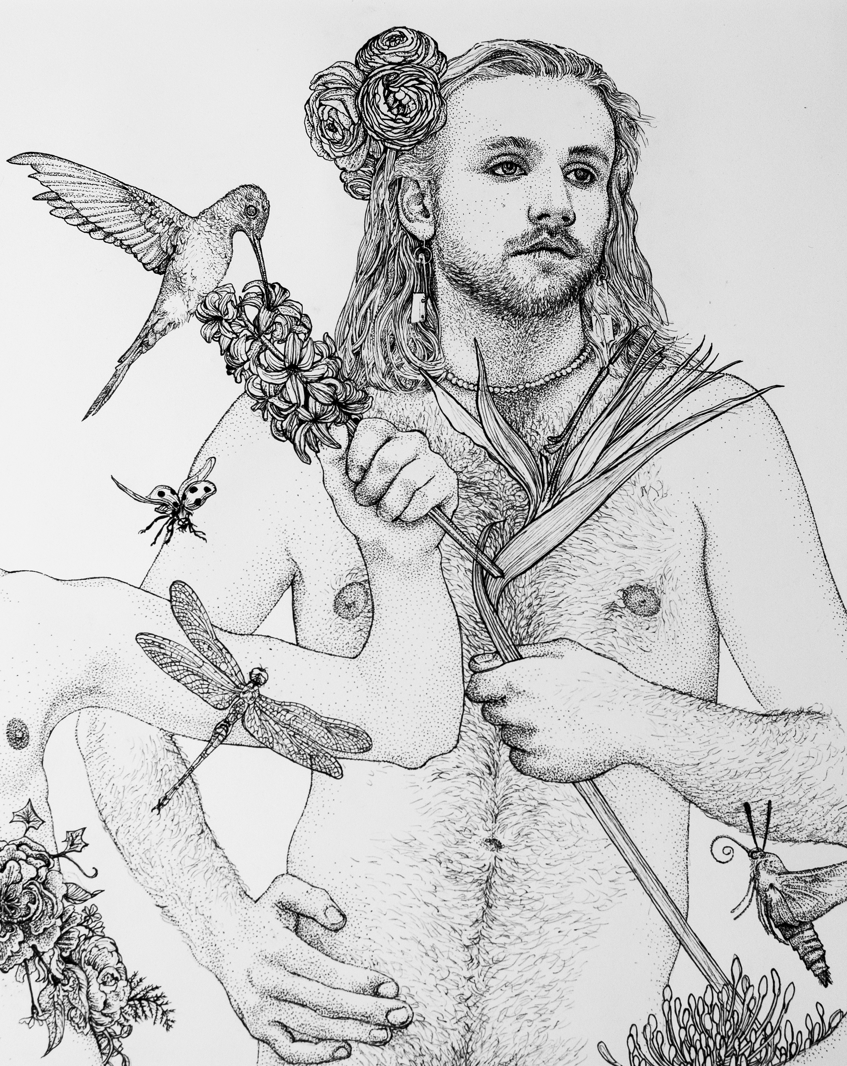 Detail of a drawing titled 'Spring' by Andrew Nicholls, depicting a nude male figure from the waist-up, with a flower in his hair and holding a plant that a hummingbird is on.