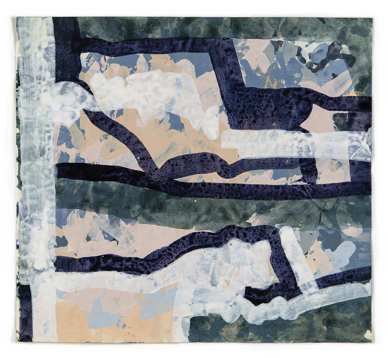 A square abstract painting in white, cream, navy blue and dark green colours