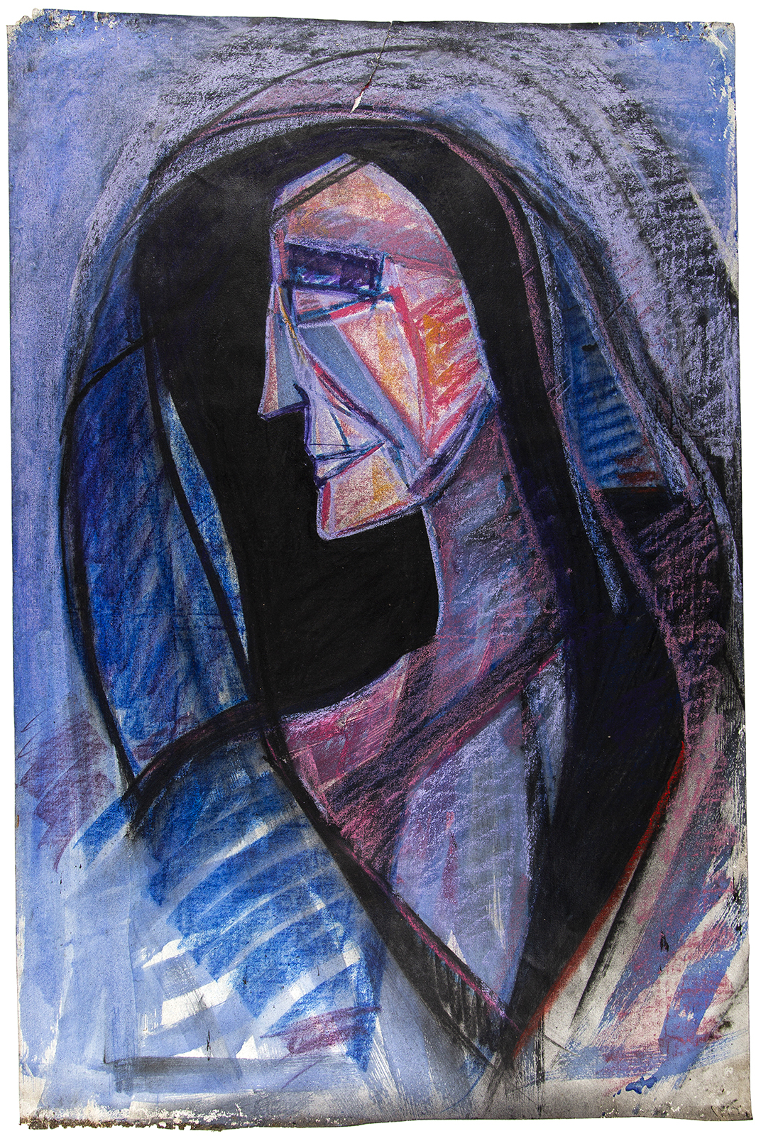 Abstract drawing of a figure's face with long hair in blues, purples and blacks