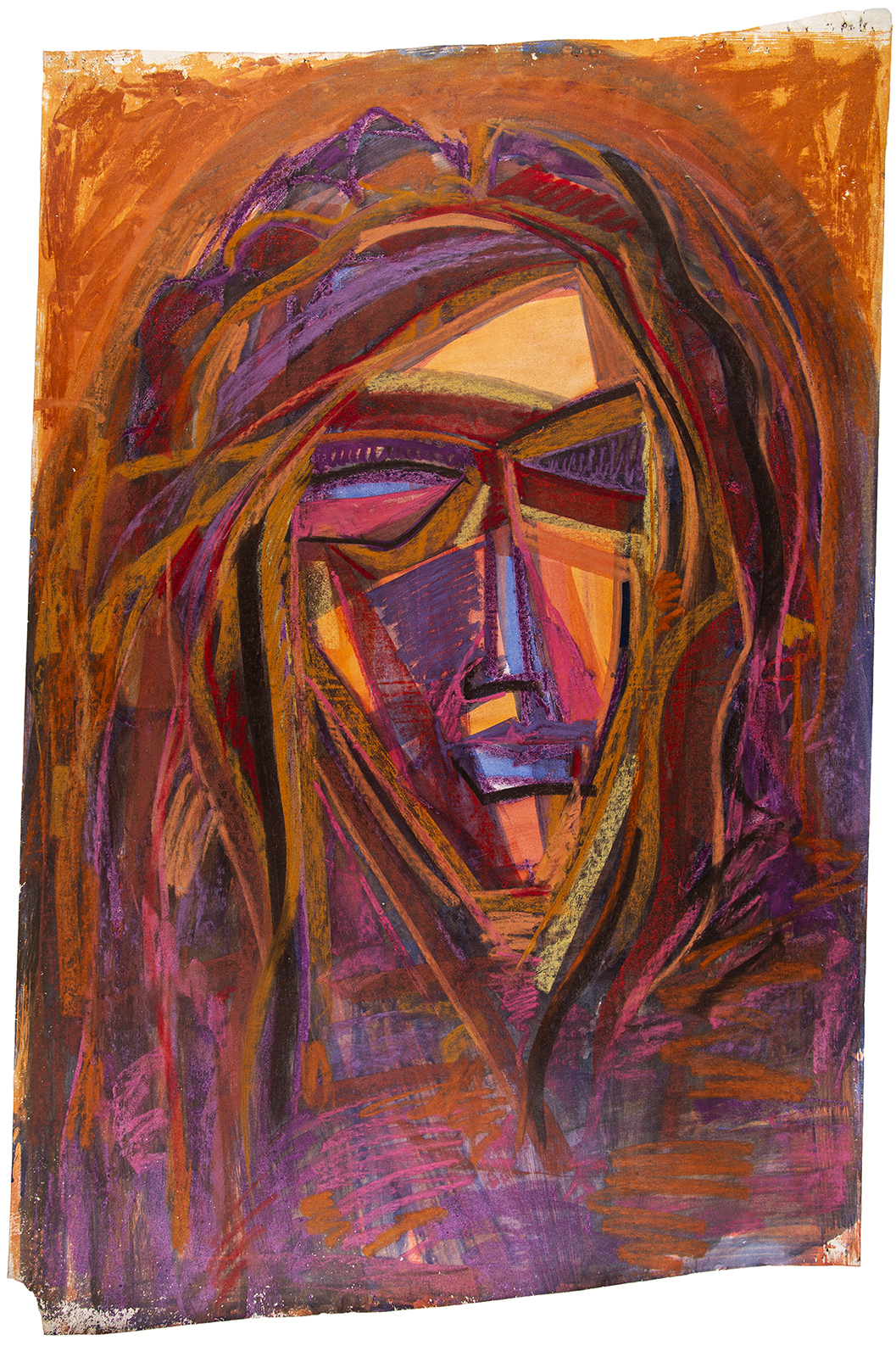 Abstract drawing of a figure's face in orange, black, purple and yellow