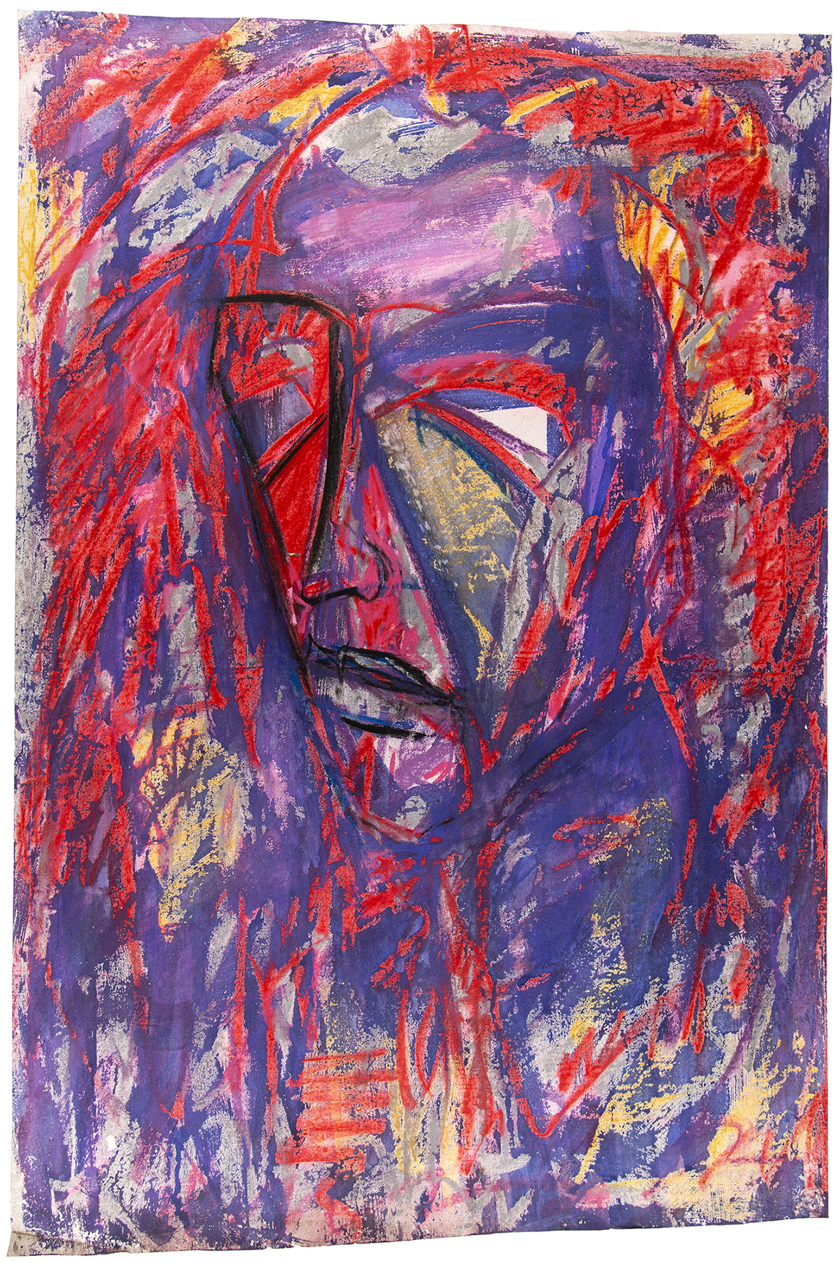 Abstract drawing of a figure's face in red, purple, black and orange
