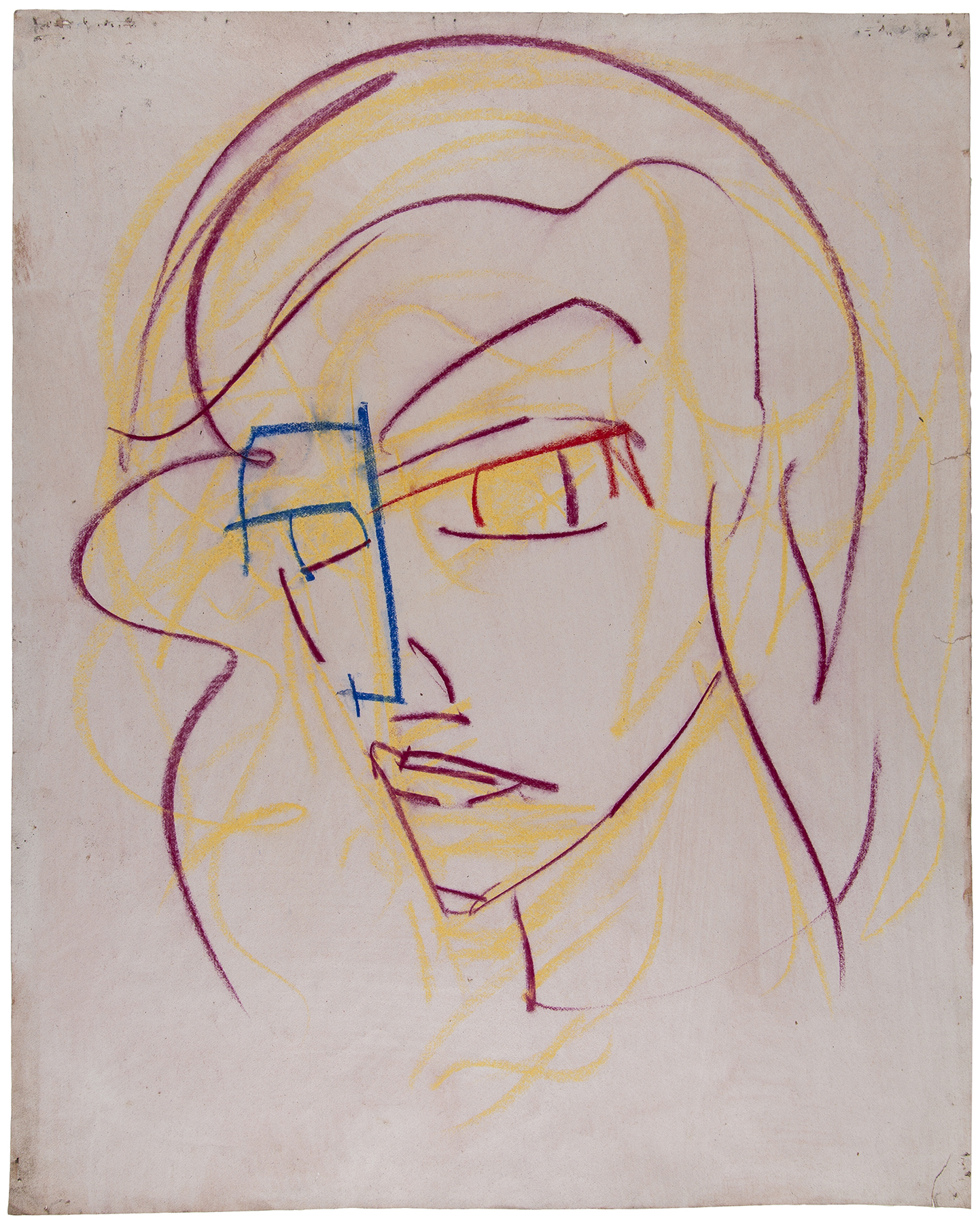 Abstract drawing of a figure's face in simple magenta, yellow, and blue lines on cream-coloured paper