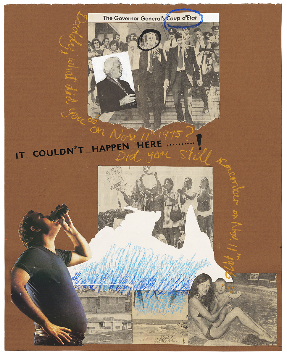 Collage combining cut out images of figures from newspapers and magazines, text and handwritten elements on brown paper