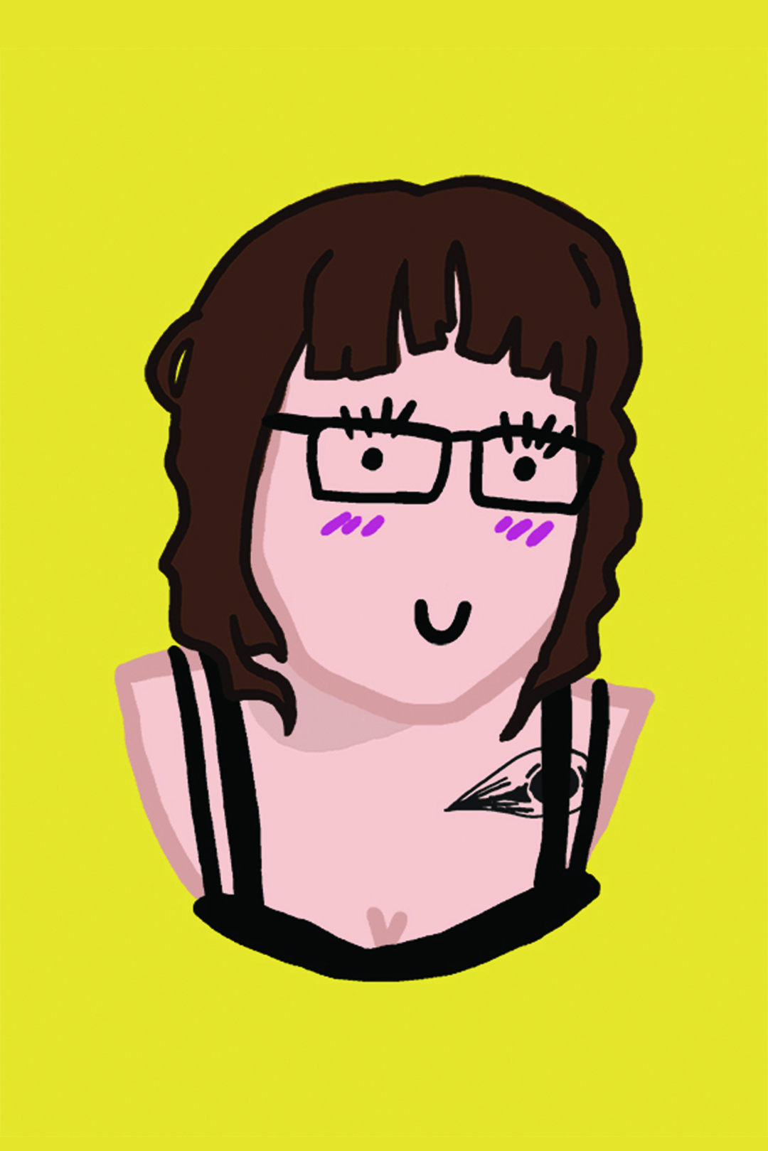 Cartoon-like digital drawing of a person with shoulder-length brown hair, fringe, glasses, black sleeveless top and a tattoo