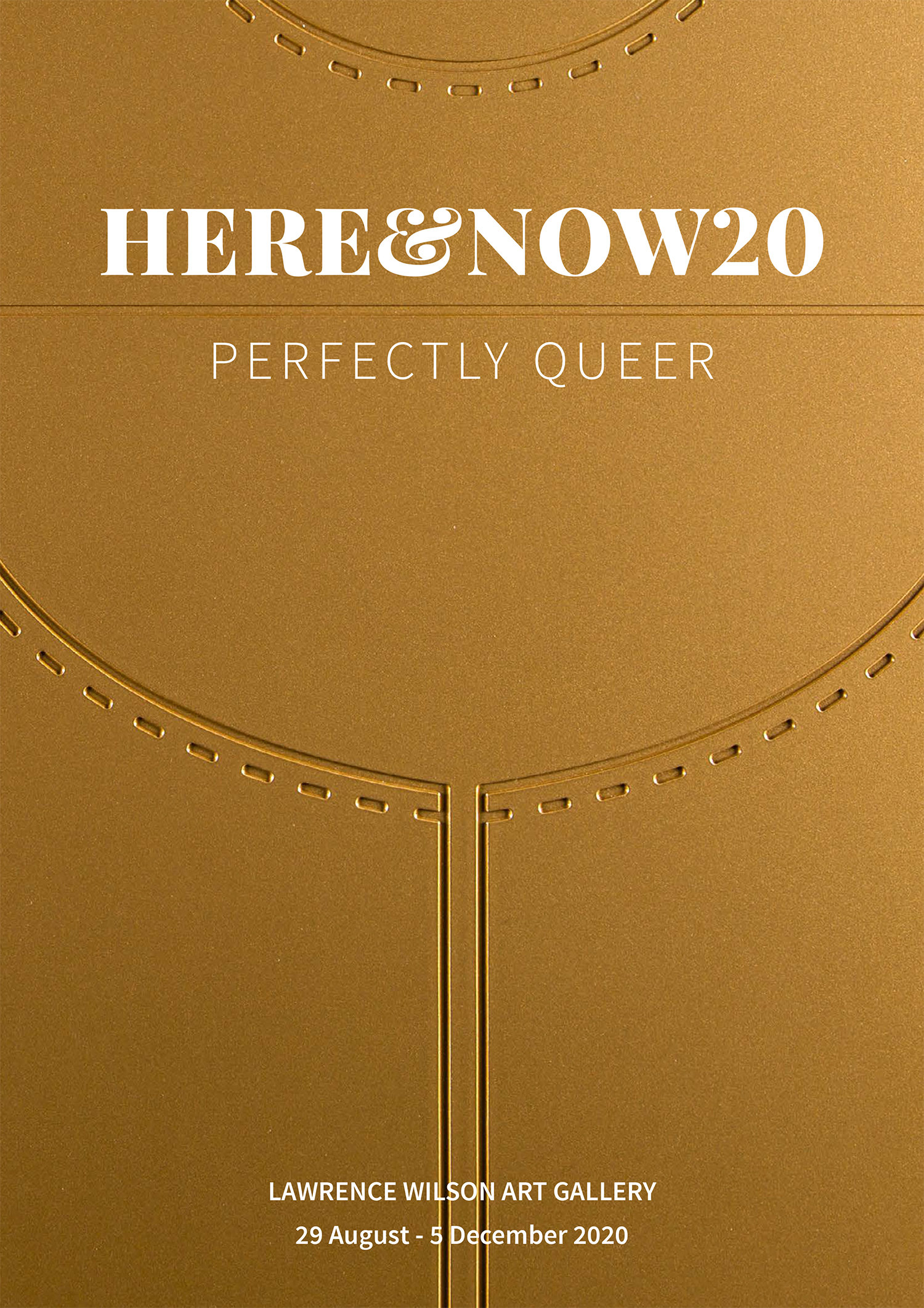 Cover of the HERE&NOW20 gatefold catalogue, featuring a shiny gold detail of artwork by Benjamin Bannan.
