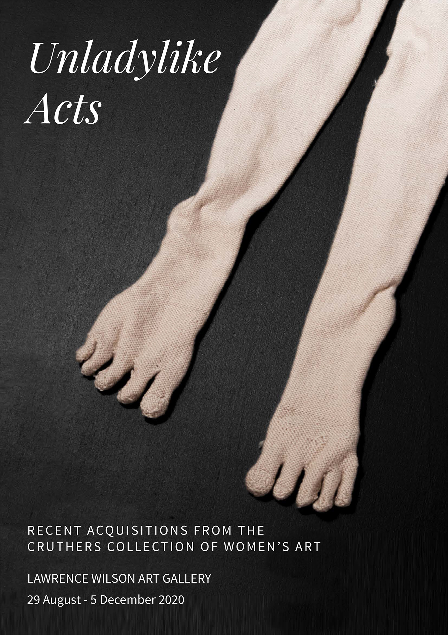 Cover of the (Un)ladylike Acts gatefold catalogue, featuring a close-up photograph of two woven feet and legs