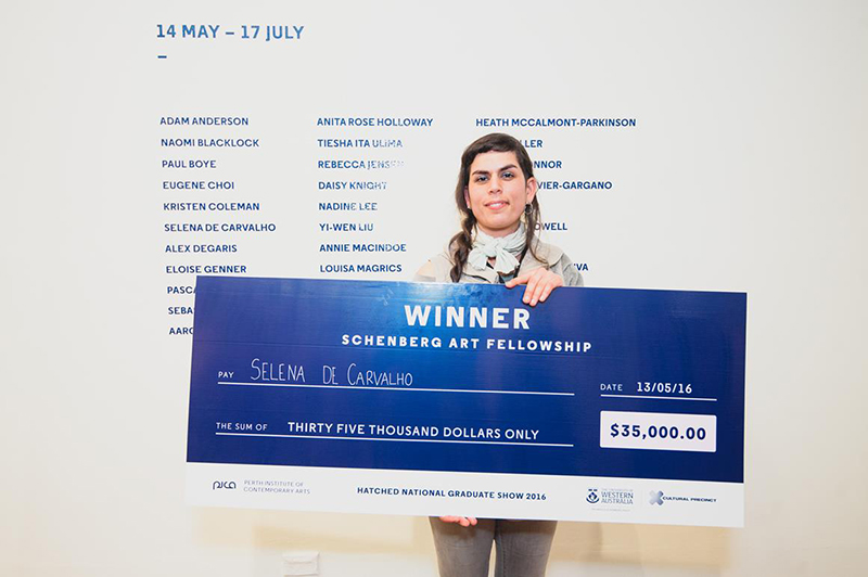 Artist Selena de Carvalho pictured at PICA receiving the 2016 Schenberg Art Fellowship.