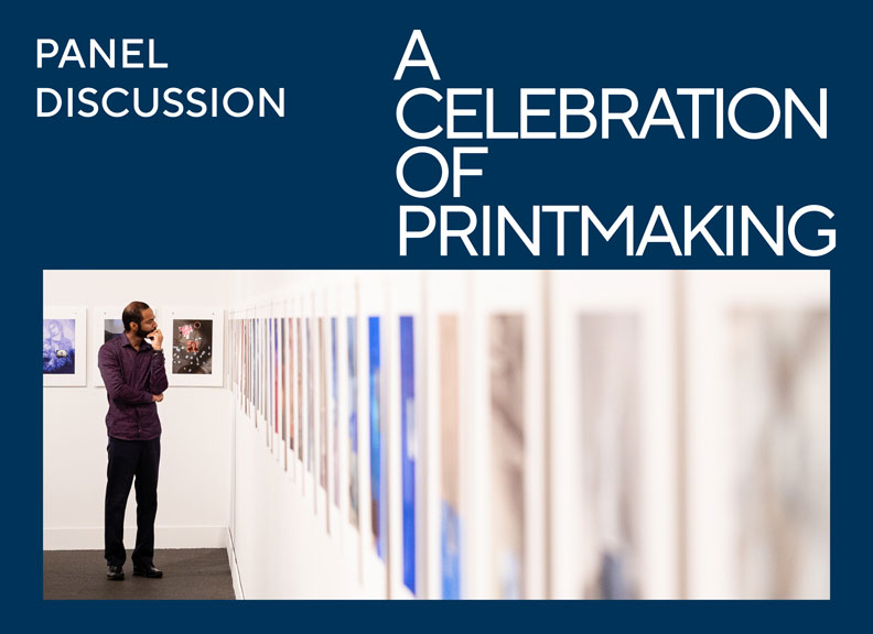 A man is looking thoughtfully at a long line of prints on a gallery wall. The prints runs right around both visible walls. Above the image there is a graphic with words which say 'Panel Discussion - A Celebration of Printmaking'