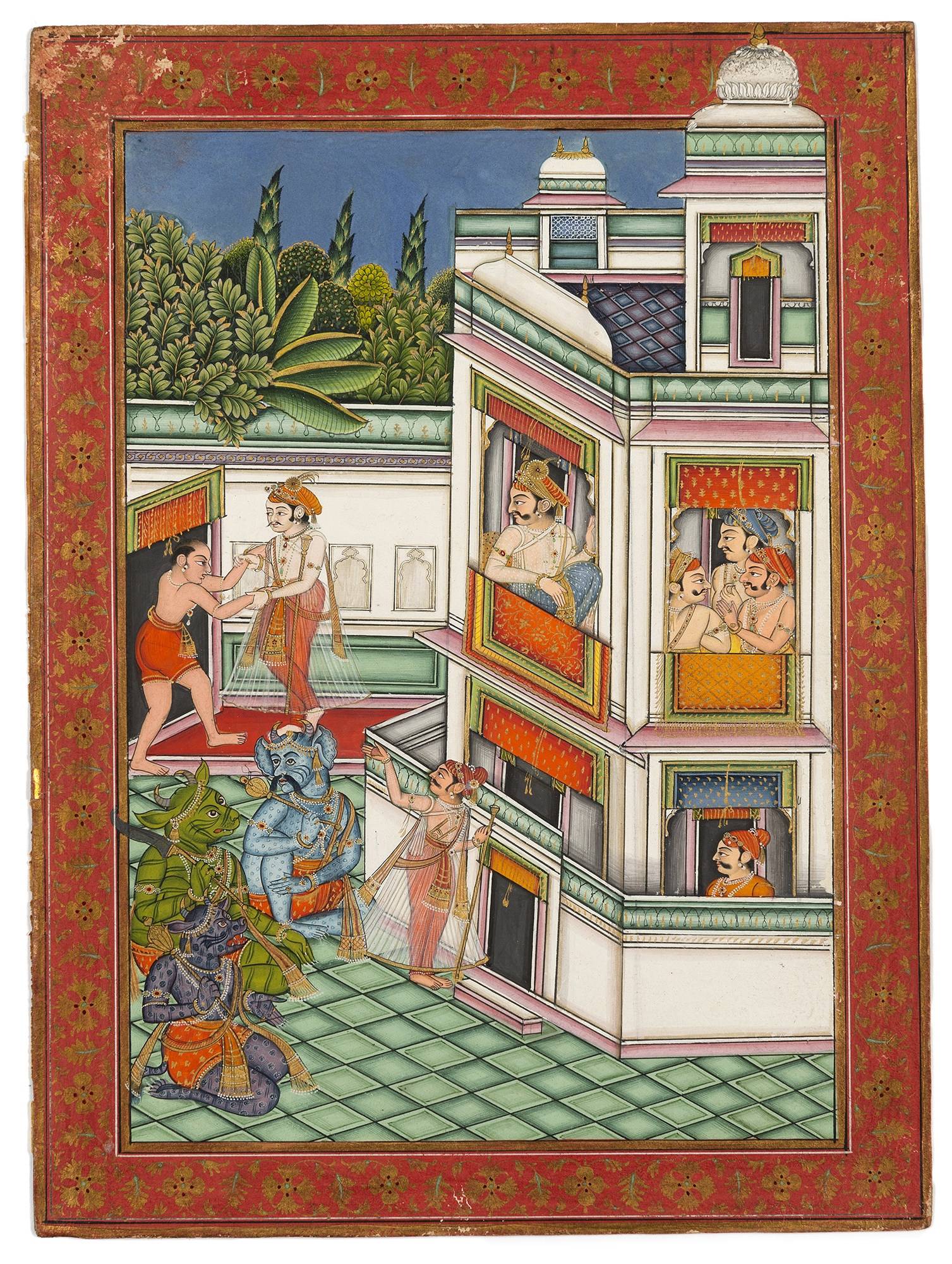 Painting of the exterior of a building, with multiple figures looking out the windows and three hybrid animal-human figures seated outside