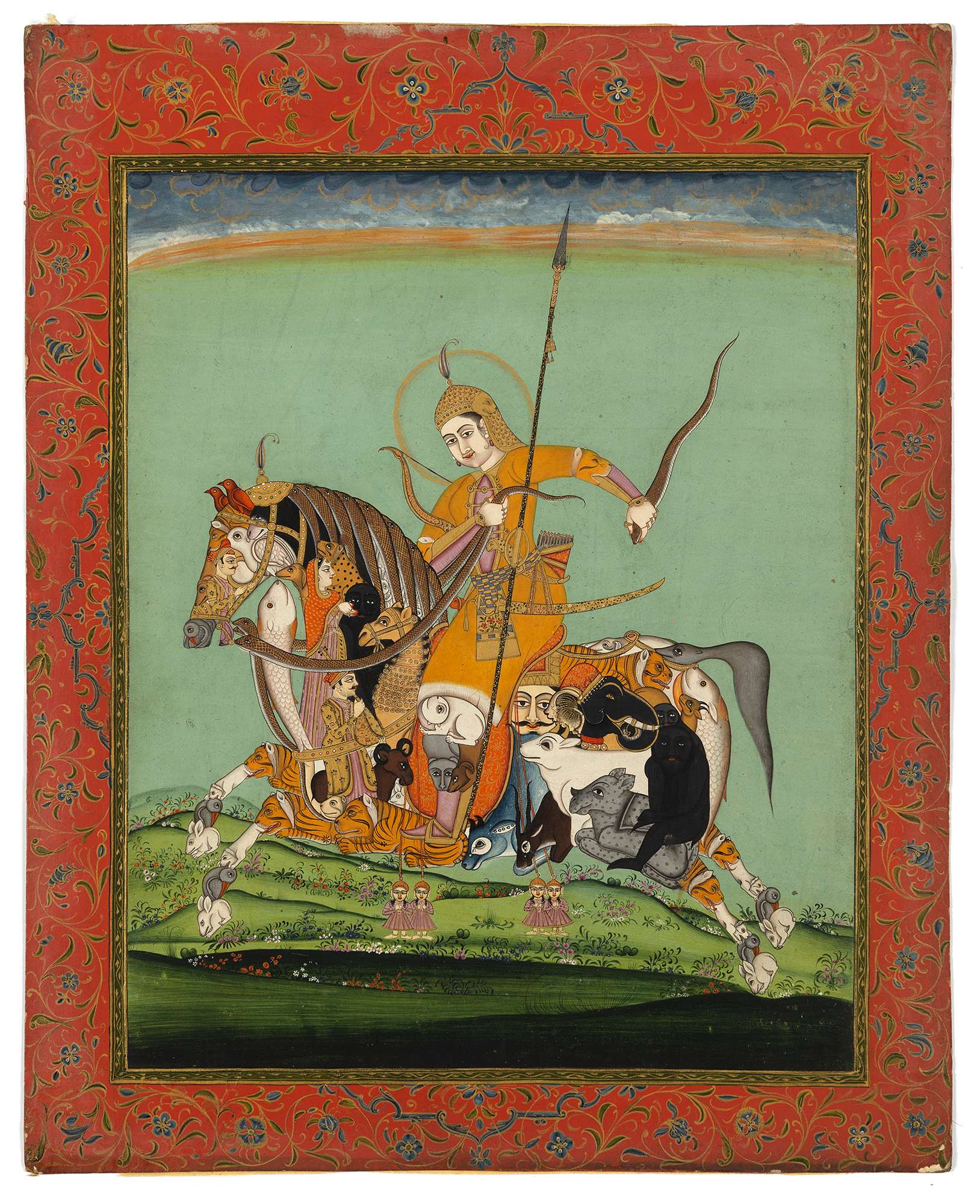 Painting of a warrior-looking figure riding a horse comprised of other human and animal figures