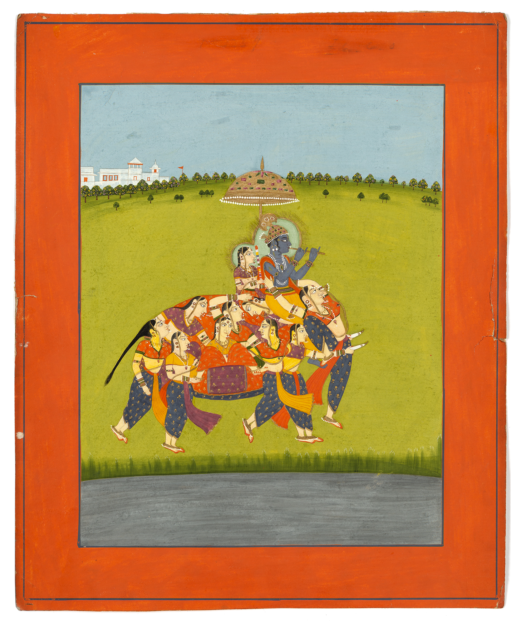 Painting of a female figure and a male figure riding an elephant comprised of female figures