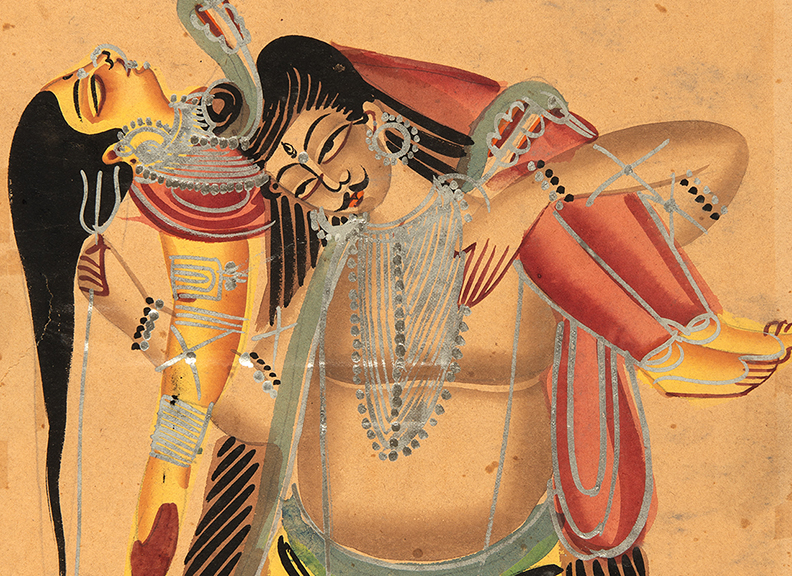 Detail of a painting of a male figure standing and carrying a female figure's body draped across his shoulders
