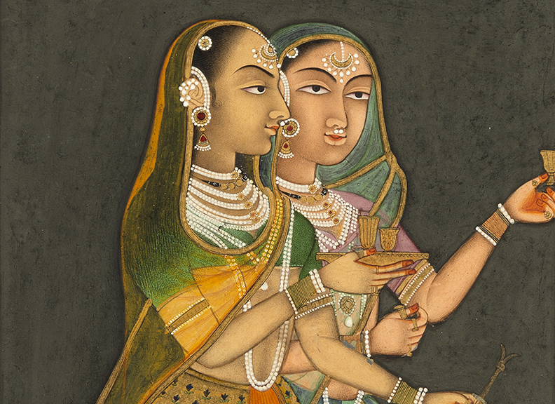 Detail of a painting of two seated female figures against a green-grey background