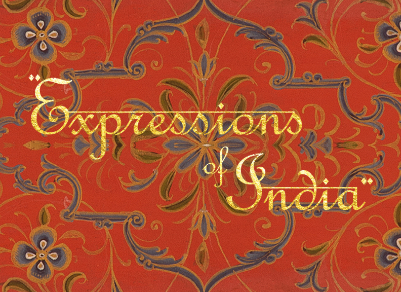 Expressions of India in gold script on a red floral background