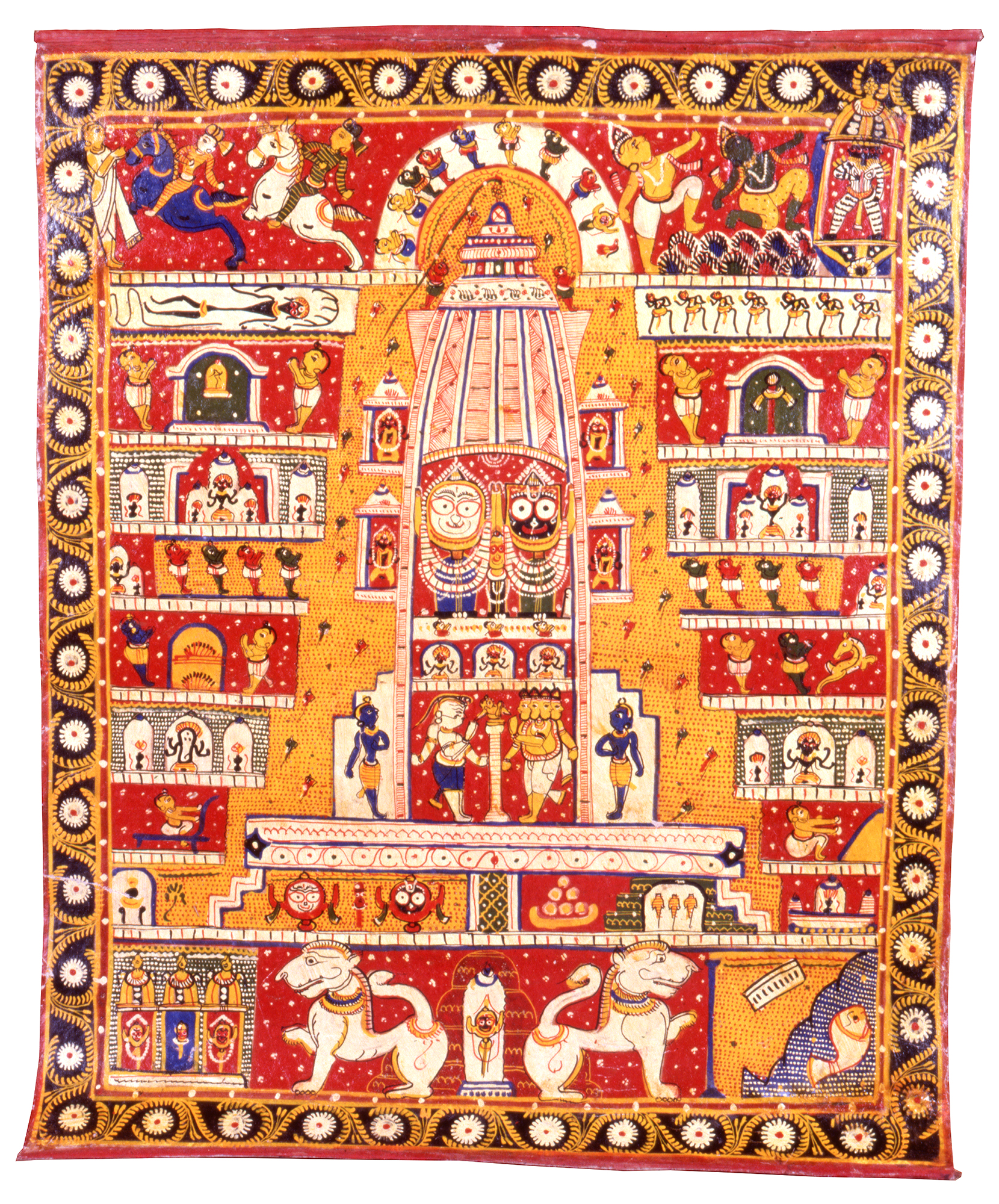 Painting showing multiple figures, with white, red, blue, yellow and black skin, depicted inside red and yellow buildings 