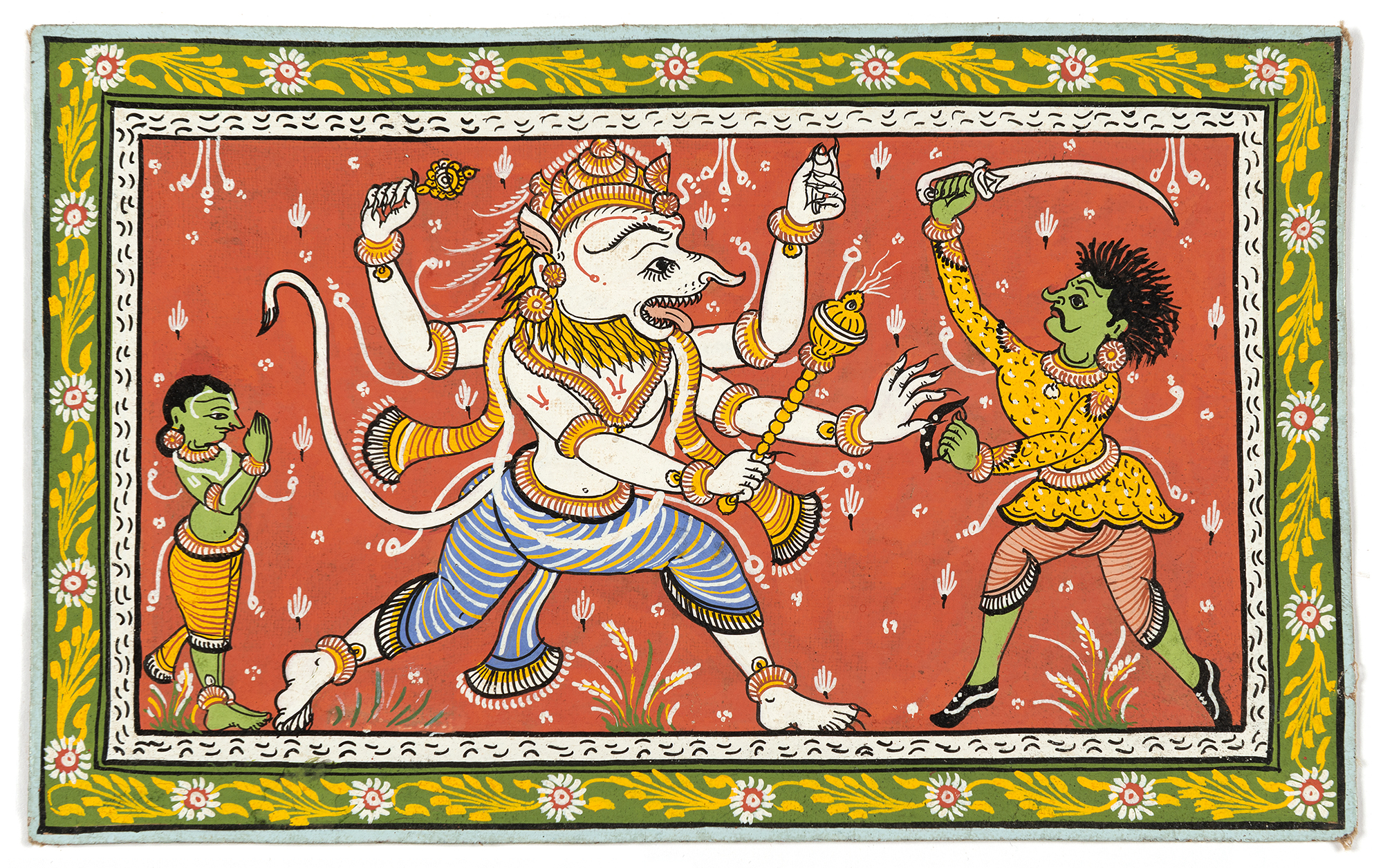 Painting of two human figures with green skin holding a swords and fighting an animal-human hybrid figure depicted against a red background
